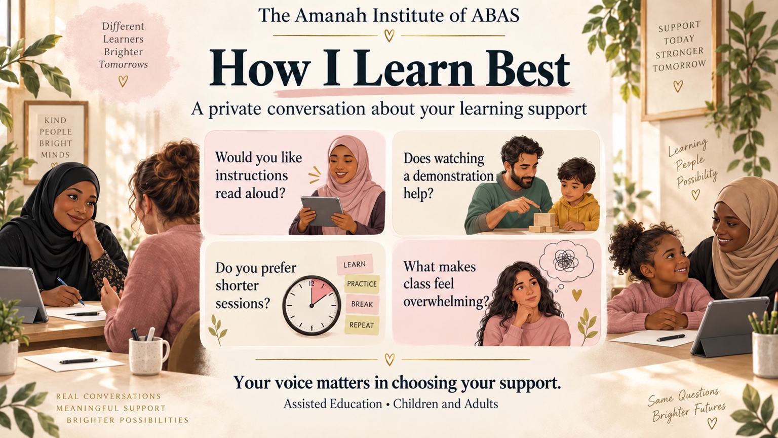 Children and adults discussing the ways they learn best, including read-aloud instructions, demonstrations, shorter sessions and help with overwhelming classroom experiences.