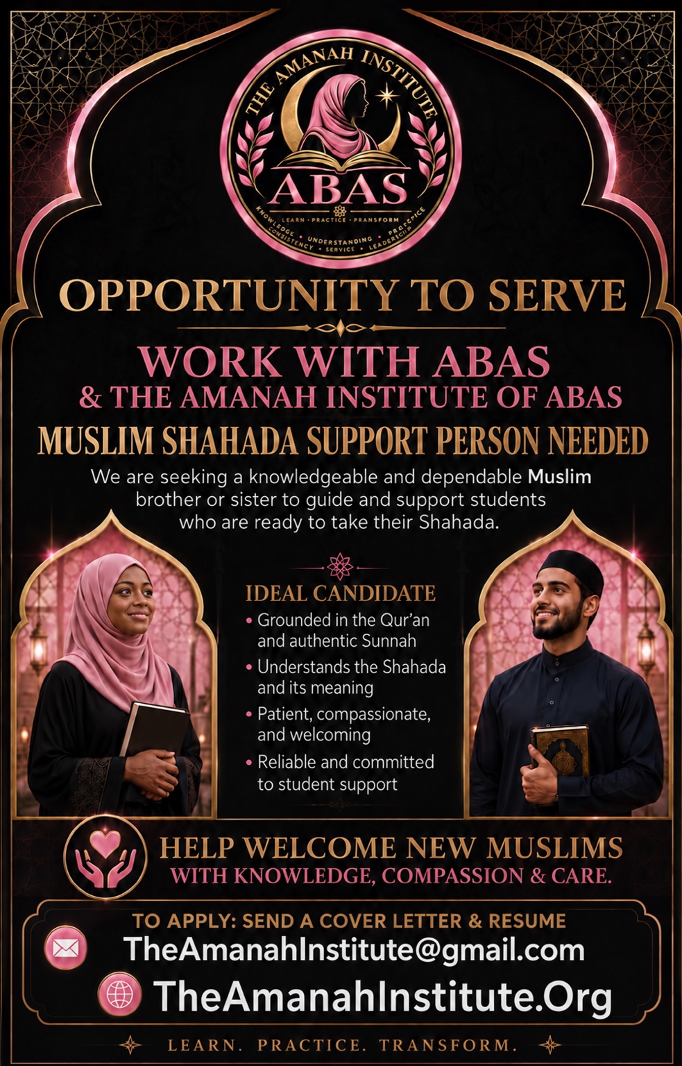 Opportunity to serve with ABAS and The Amanah Institute of ABAS on the Muslim Shahada Support Team